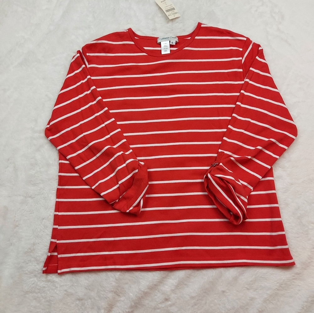 Coldwater Creek Red White Striped Long Sleeve Top Size L